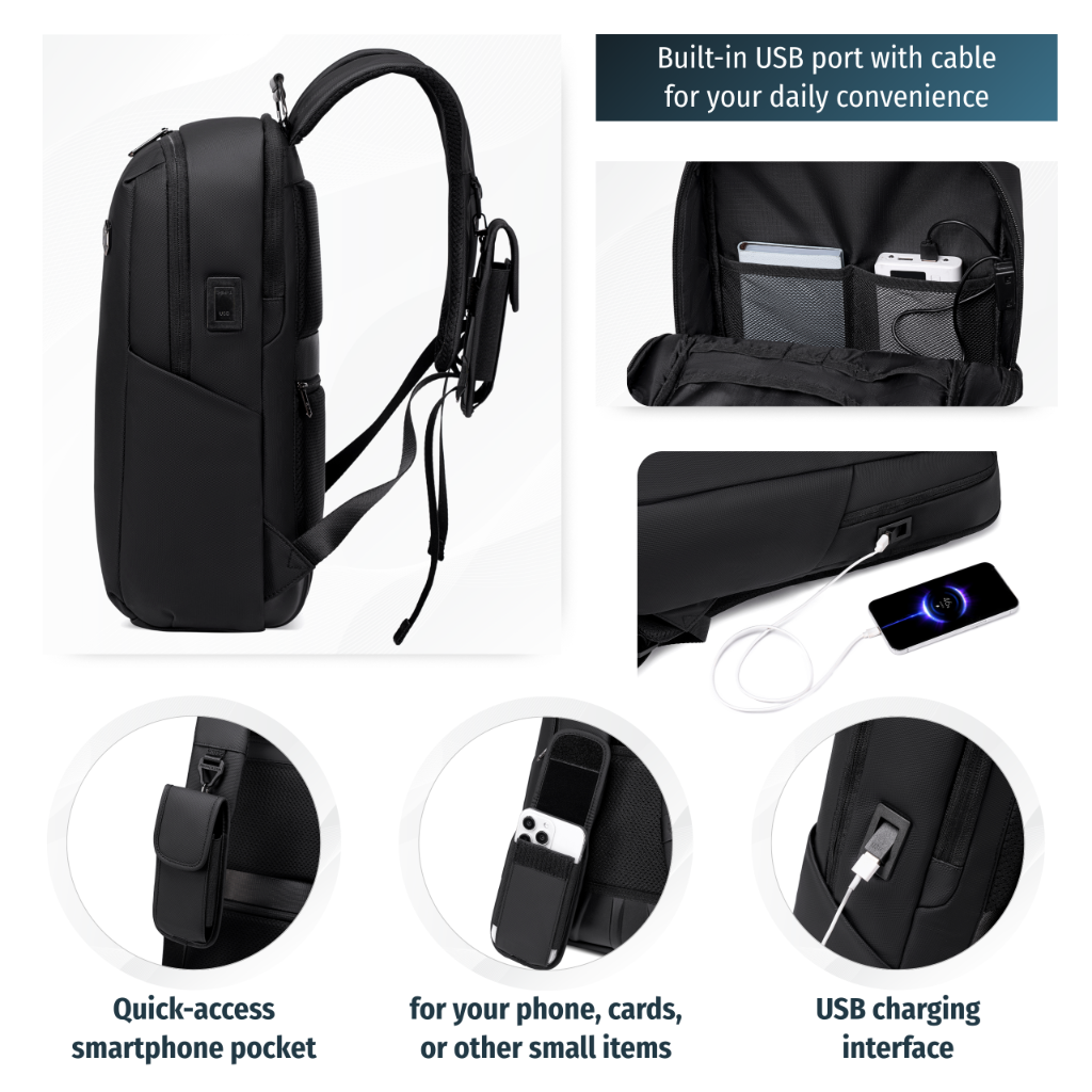 Smart City Work Travel Backpack Arctic Hunter| Laptop Storage 15,6"| USB Port – Black