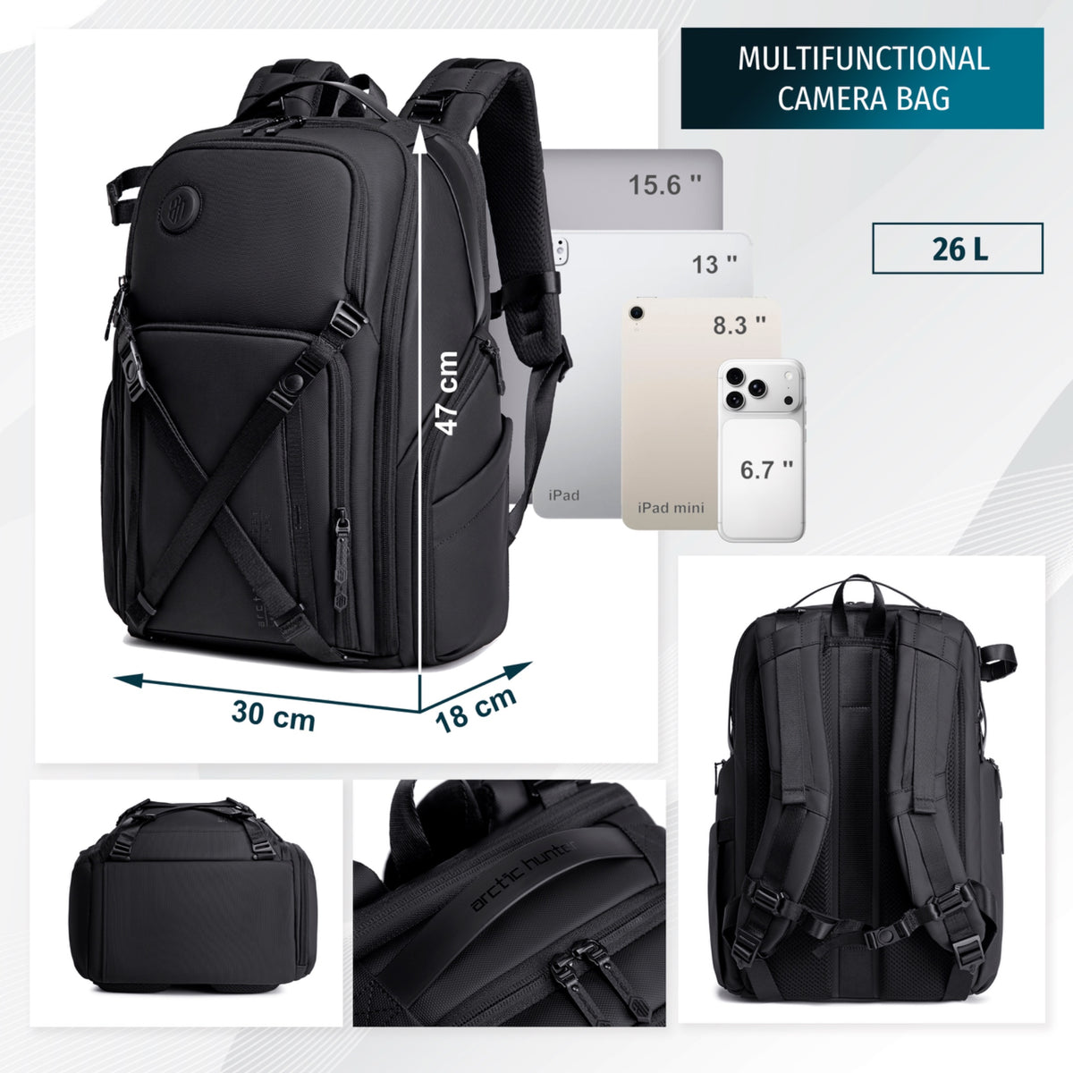 Plecak fotograficzny Arctic Hunter na drona i aparat | Laptop 15.6" | Mocowanie na statyw | Przegrody modułowe – Czarny