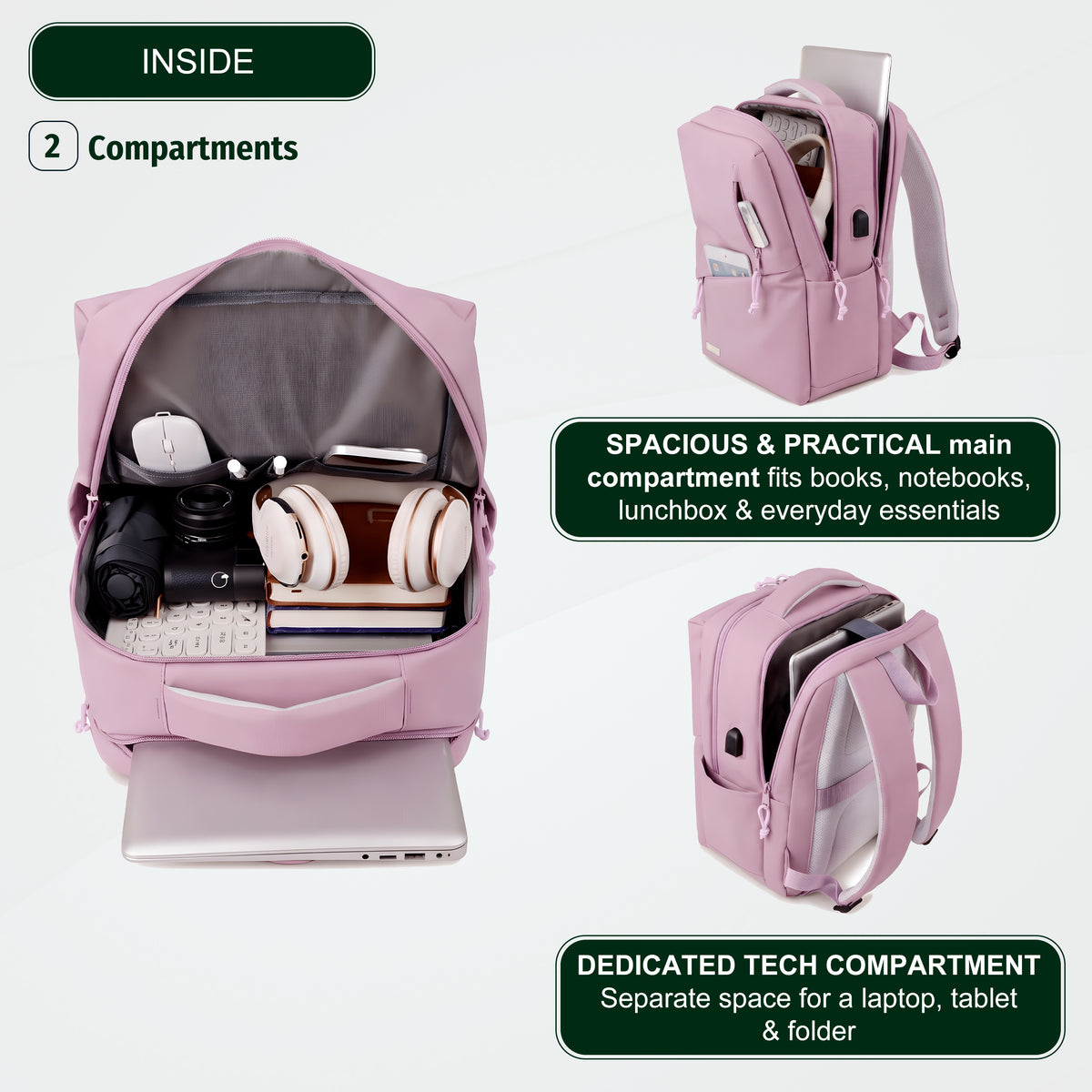 Youth School & College Backpack VIO | Fits 15.6 Laptop A4 | Built-In USB Port | Ryanair & Wizz Air Carry-On For Campus, University & Travel | Water-Resistant – Lilac