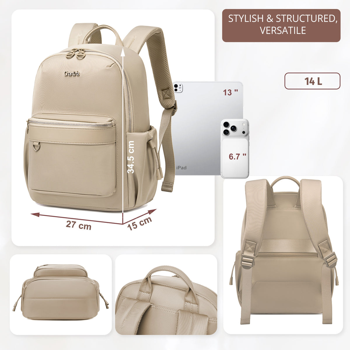 Women's City Backpack Chantria Elegant | Fits MacBook Air 13" & iPad | Smart Multi-Pockets & Anti-Theft | Everyday Casual & Travel | Luggage Strap – Beige