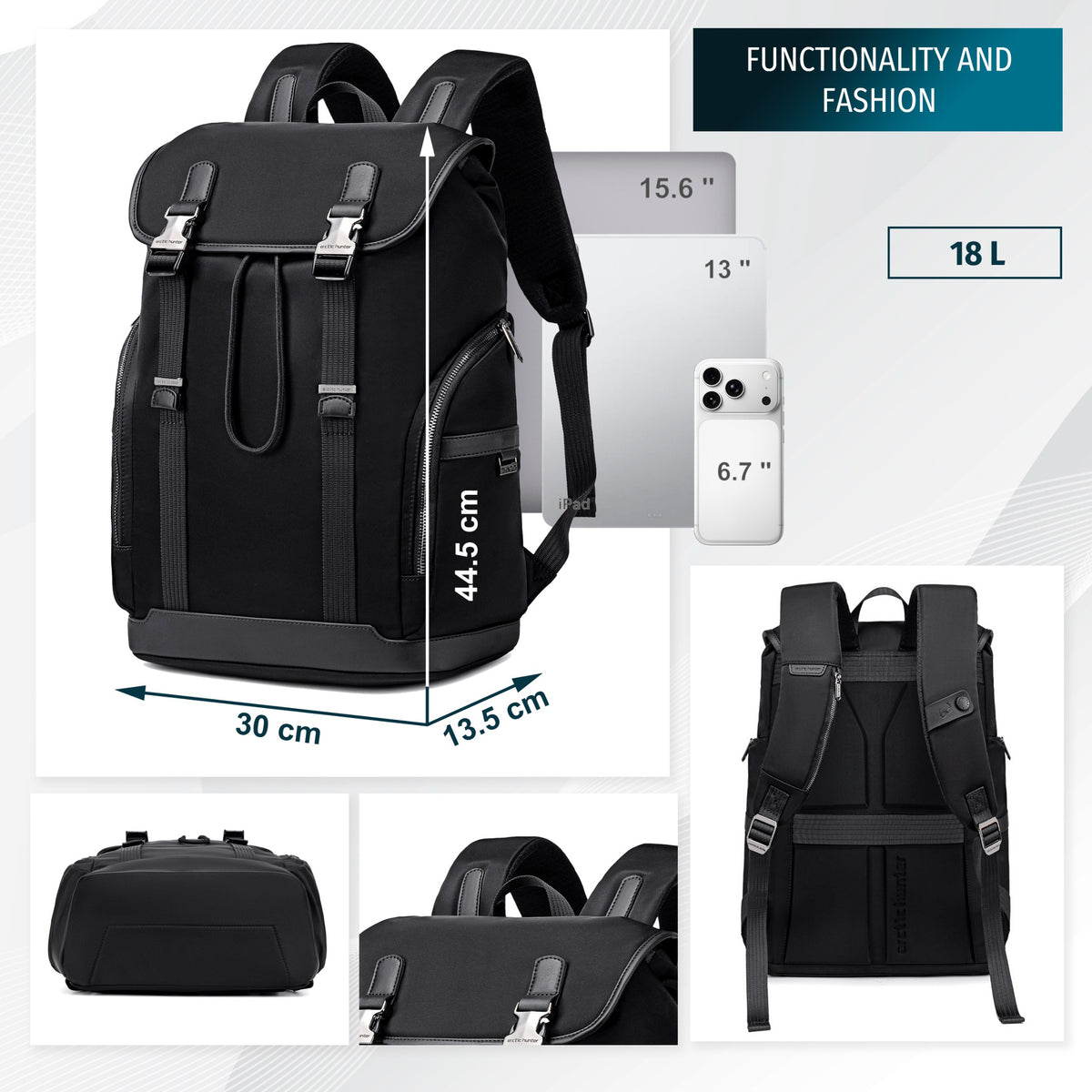 Men's Urban Flap Backpack with Buckles | 15.6" Laptop | Luggage Strap | Organizer 8 Pockets – Black