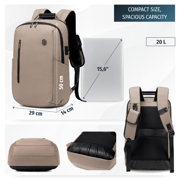 Smart City Work Travel Backpack | Laptop Storage 15,6"| USB Port – Beige