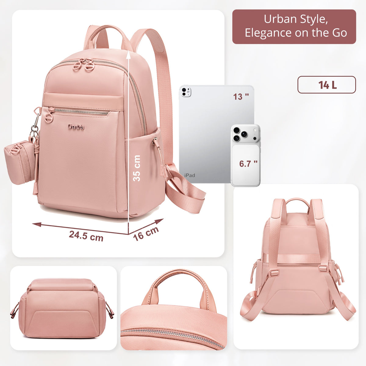 Compact Women's City Backpack Chantria Elegant | Fits iPad & Essentials | With Clip-On Earbuds Case | Smart Pockets | Luggage Strap – Powder Pink