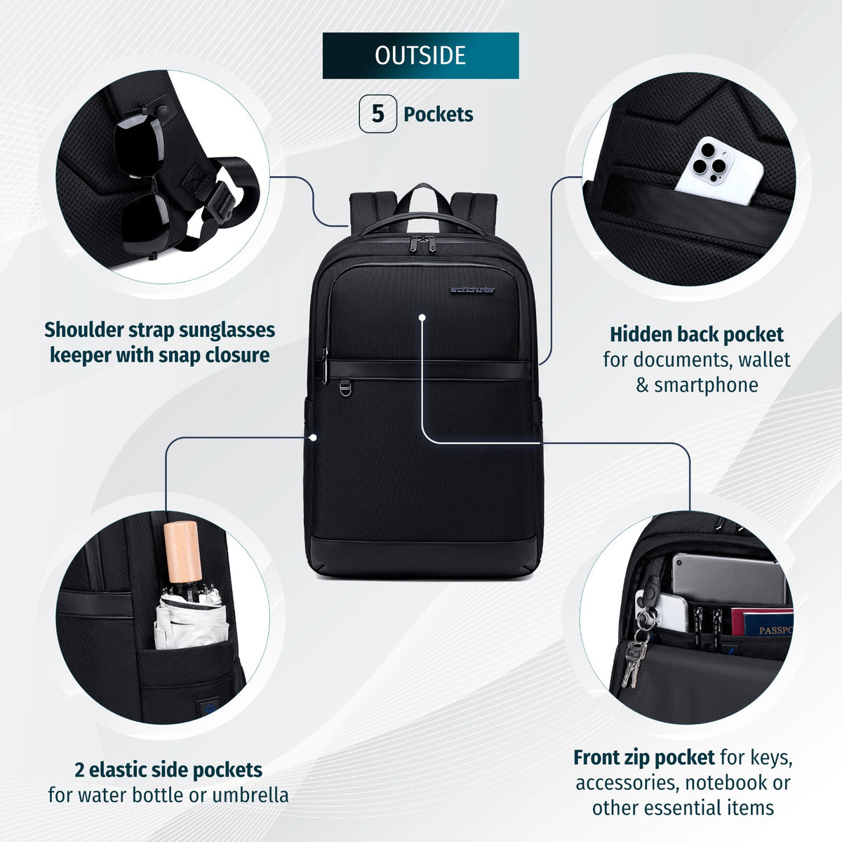 Plecak biznesowy miejski Arctic Hunter | Laptop 15.6" | Wodoodporny – Czarny