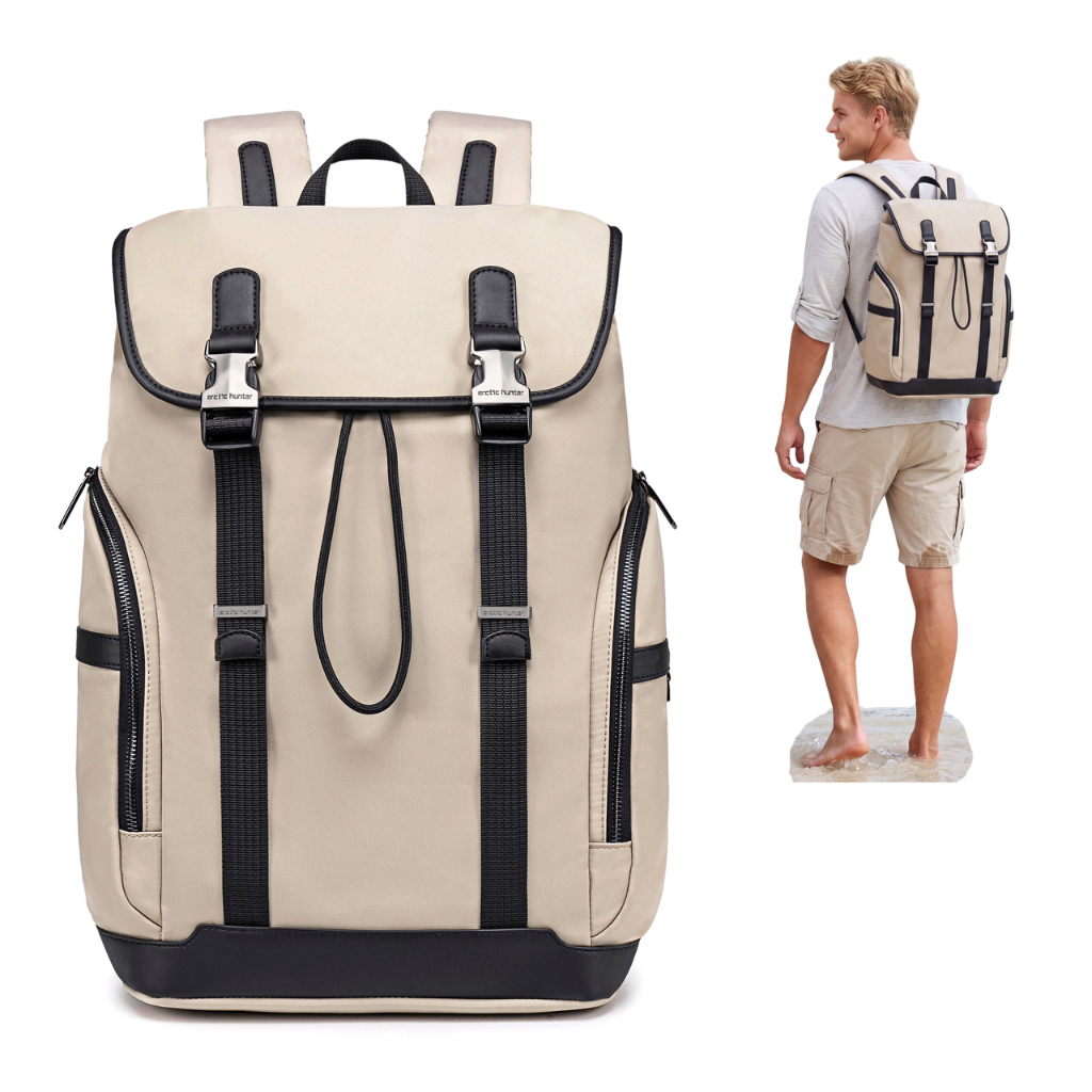 Plecak casual męski z klapą beżowy wiele kiszeni  laptop 15,6 pojemny 18 L