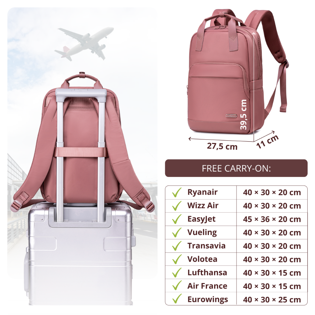 Plecak torba damska Chantria z podwójnym uchwytem | Na studia i do pracy | Na laptopa 15.6 A4 | Bagaż podręczny Ryanair Wizzair – Antyczny Róż