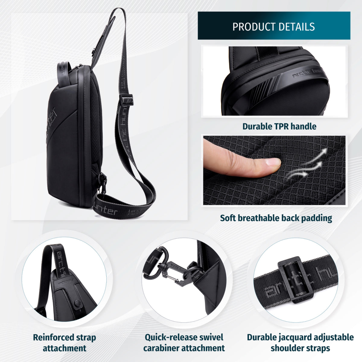 Torba sling przez ramię Arctic Hunter | Smartfon i dokumenty | Kieszeń antykradzieżowa | Pasek lewo/prawo – Czarna