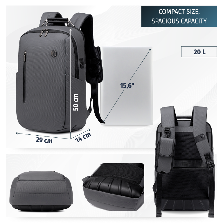 Professional Laptop 15,6" Backpack|USB charging port|Water resistant - Grey