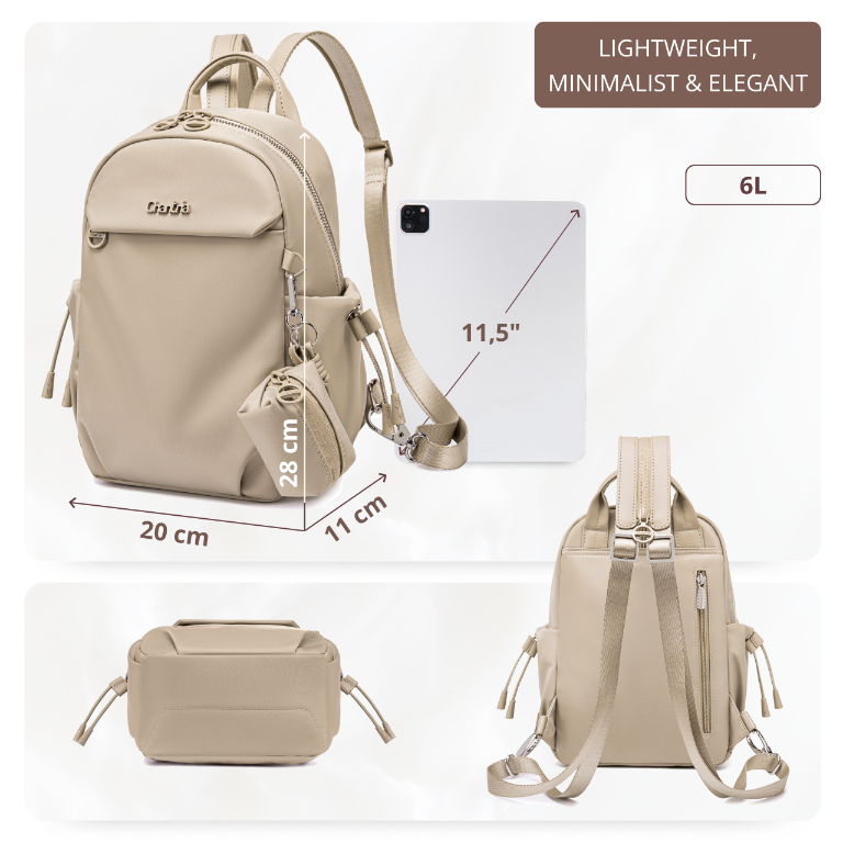 Women's Mini City Backpack Chantria Small & Lightweight | For Going Out & Walks | Fits iPad Phone & Cosmetics | With Keychain Pouch – Beige