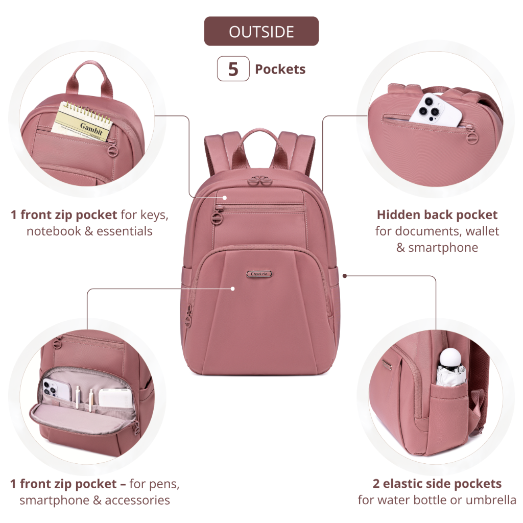 Women's Elegant City Backpack Chantria lightweight | Fits iPad Tablet | Waterproof Nylon – Antique Rose