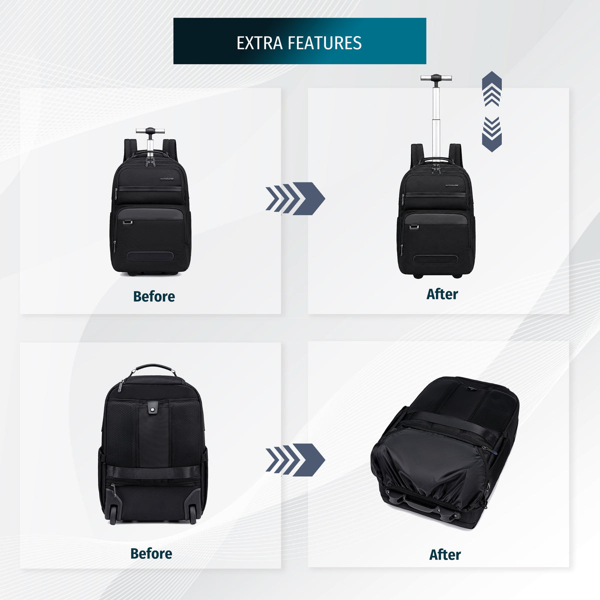 Arctic Hunter 2-in-1 Rolling Backpack Suitcase | Telescopic Handle | 15.6" Laptop | 2 Compartments 12 Pockets 27L – Black