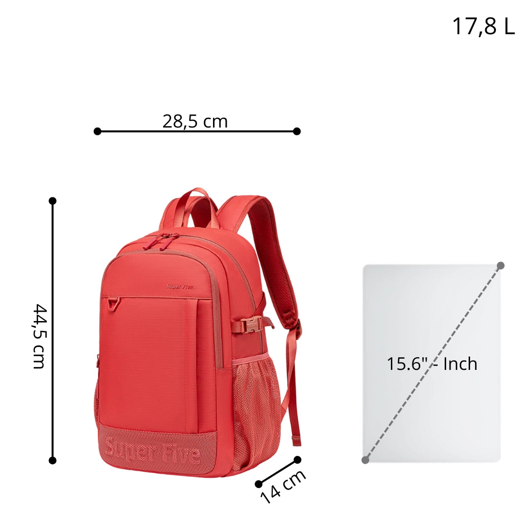 Red urban backpack for modern women, 18L, waterproof, for studies, work, and travel. SUPER FIVE FB696 RED.