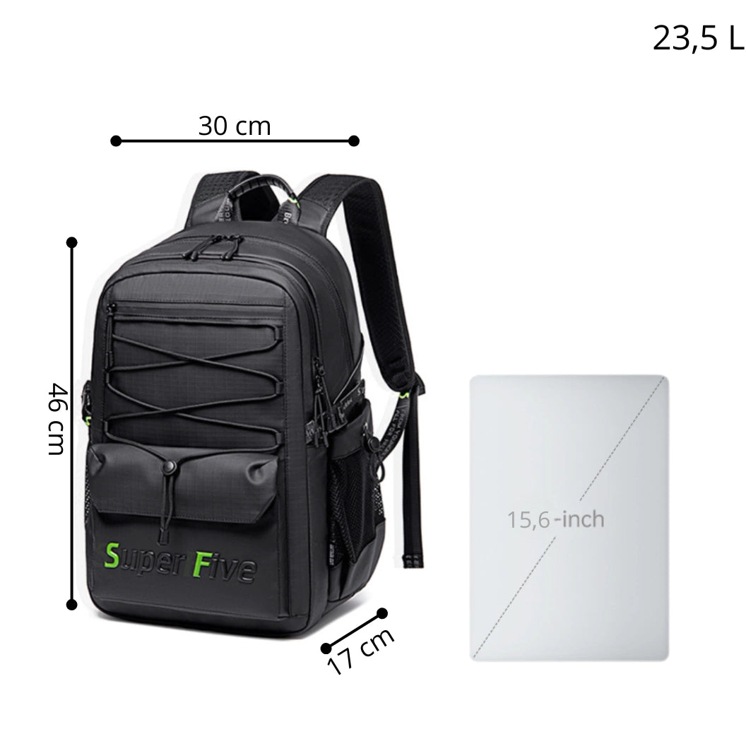 Black youth city backpack, waterproof, for a 15.6" laptop, 23 l – for studies and travel. SUPER FIVE FB522 Black.