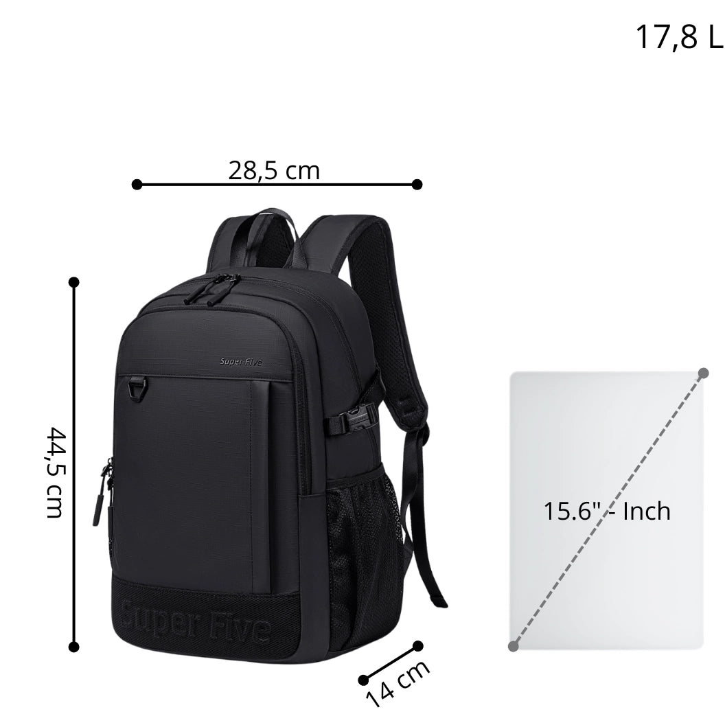 Black waterproof city backpack, 18 l, for a 15.6" laptop, for work, studies, and travel. SUPER FIVE FB696 Black