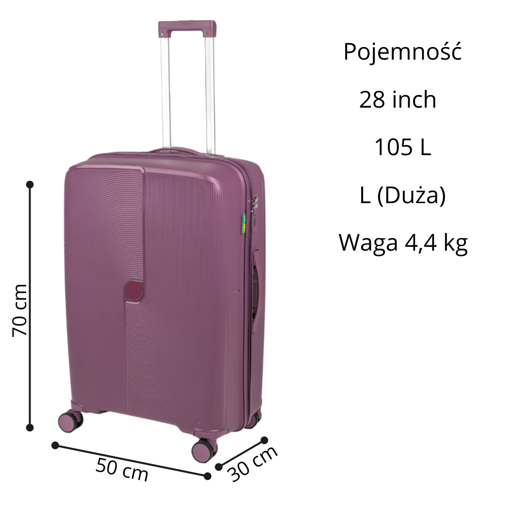 Duża walizka fioletowa na kółkach - elegancka, trwała i lekka walizka podróżna do samolotu Wowbag 7918 L purple