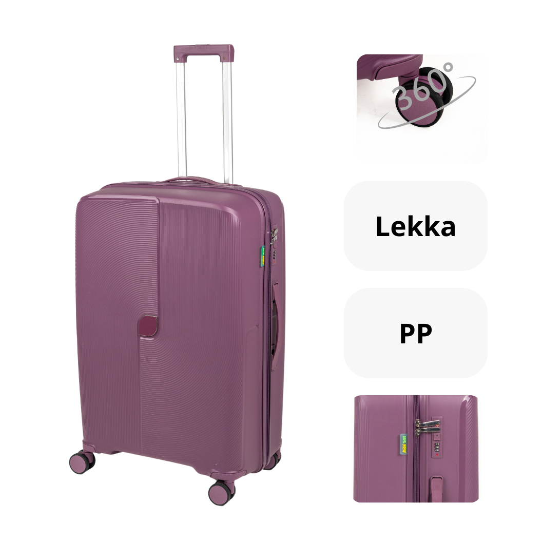 Duża walizka fioletowa na kółkach - elegancka, trwała i lekka walizka podróżna do samolotu Wowbag 7918 L purple