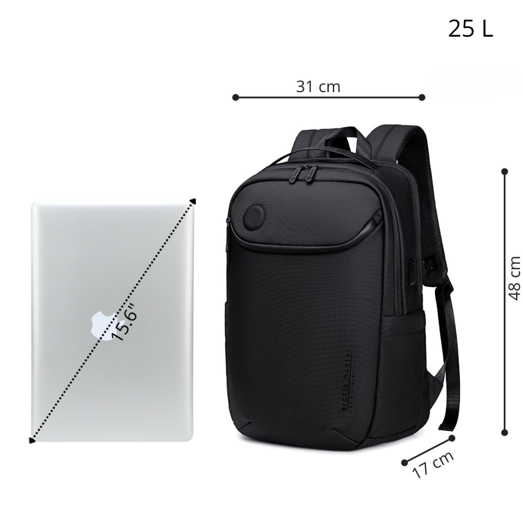 Plecak miejski czarny, biznesowy, na laptop, 25 l, elegancki, idealny do pracy i podróży. Arctic Hunter B00555 Black.