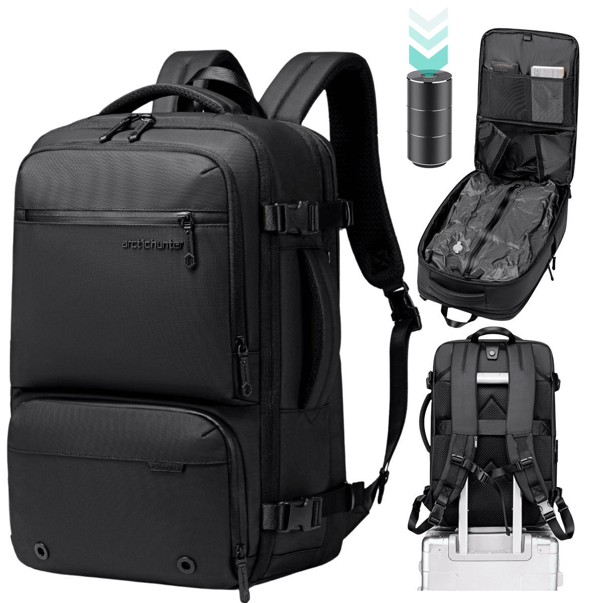 Modern Travel Backpack Arctic Hunter | Vacuum Compression Bag & Electric Pump | Spacious Storage | Laptop 15.6" - Black